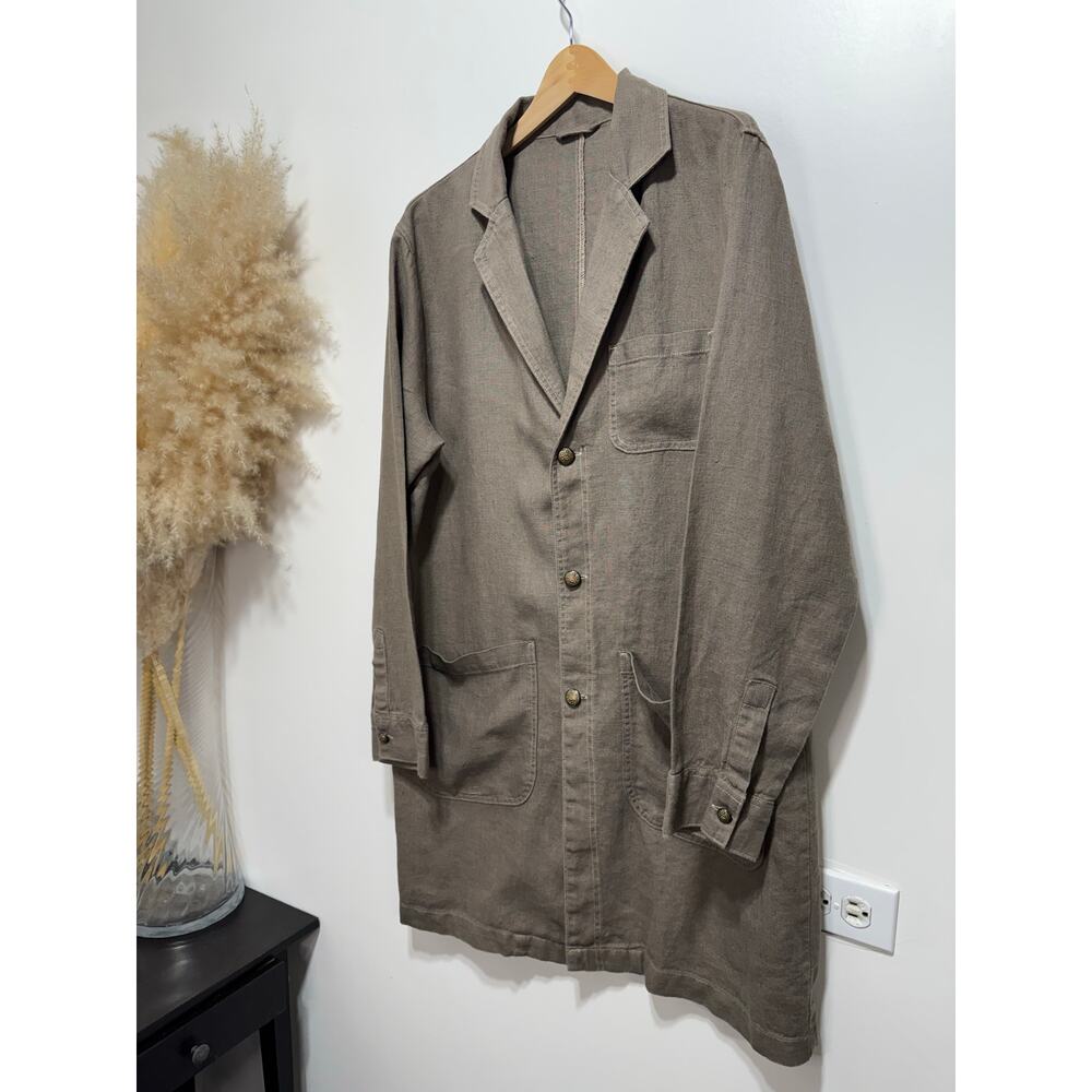 Zara Brown 100% Linen Rustic Relaxed Utility Long Coat Size Large Front Button - Picture 3 of 9